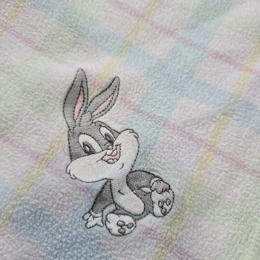 VTG Looney Tunes Baby Bugs Bunny Embroidered Pastel Plaid Fleece Baby Blanket‎